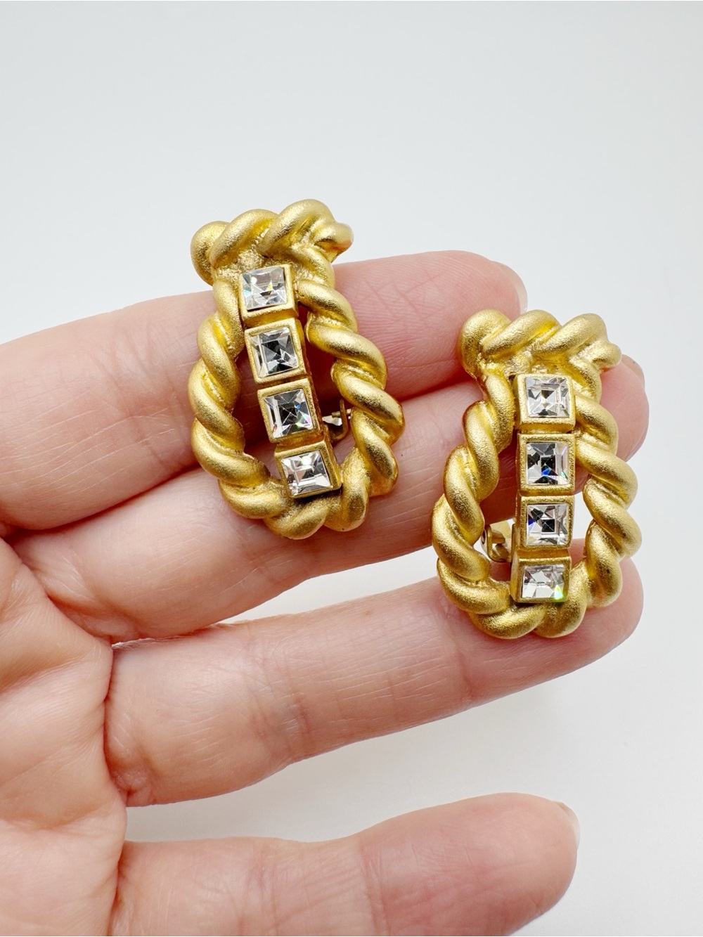 Vintage Gold-Tone Rope Hoop Clip-On Earrings with Clear Stones